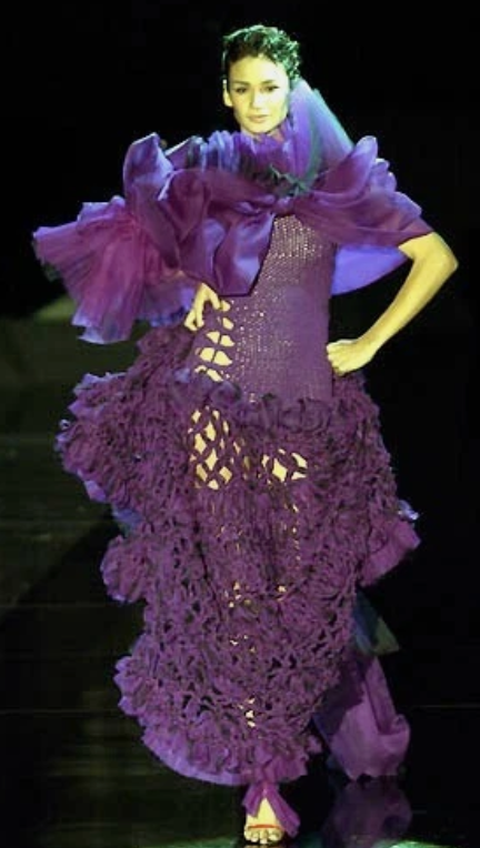 F/W 2002 Gianfranco Ferre Sheer Black Knit Macrame Strapless Gown Dress