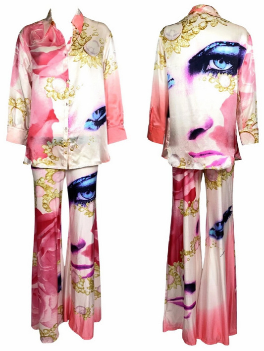 S/S 2001 Roberto Cavalli Pink Face & Roses Print Silk Top & Low Rise Wide Leg Pant Set
