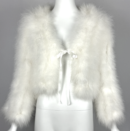 2000's Blumarine Y2K White Feather Satin Tie Chubby Cropped Short Jacket