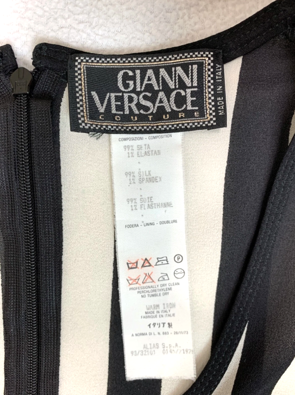 S/S 1993 Gianni Versace Sheer Stretch Silk Black & White Striped Wiggle Maxi Dress