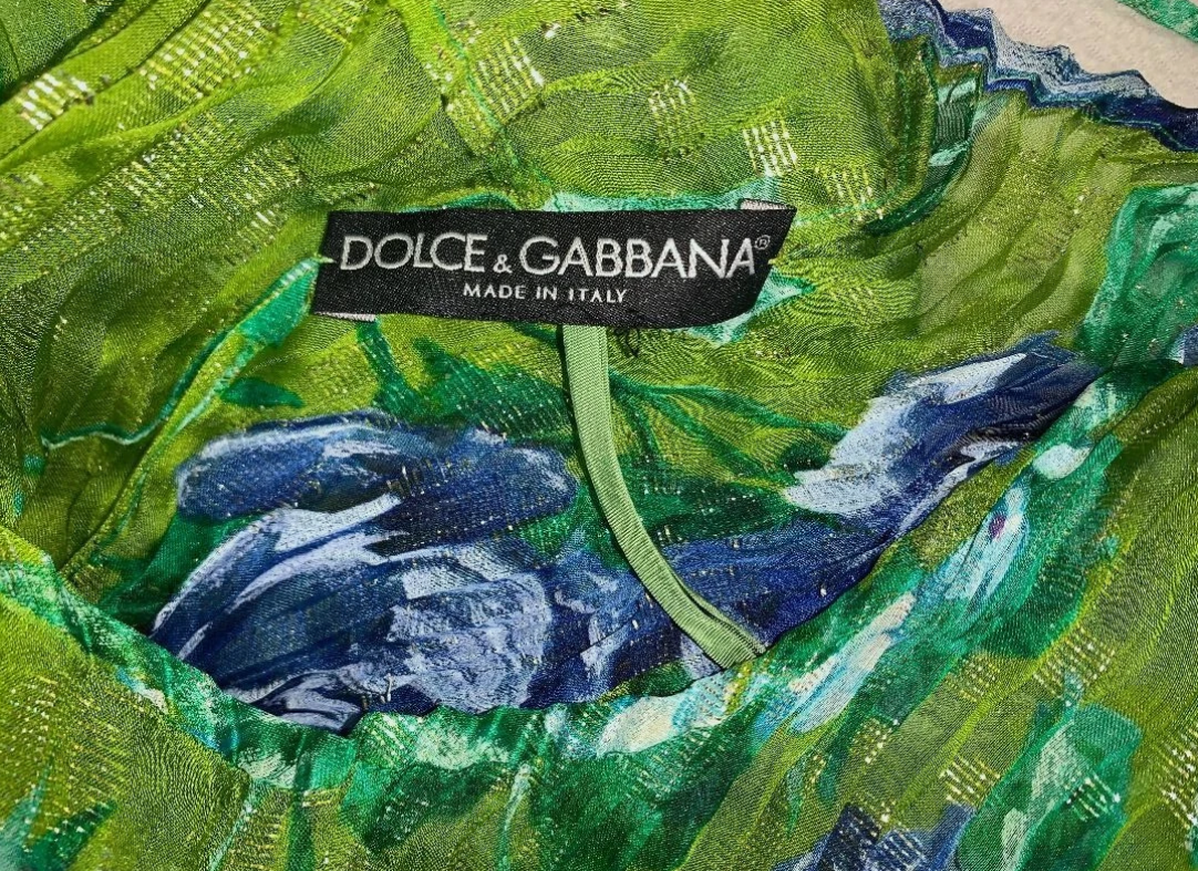 F/W 2000 Dolce & Gabbana Runway 1930's Style Pleated Sheer Green Floral Pleated Bodycon Dress