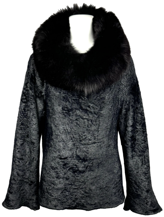 F/W 2003 Christian Dior x John Galliano Black Fuzzy Sweater Tunic w Wide Fox Fur Collar