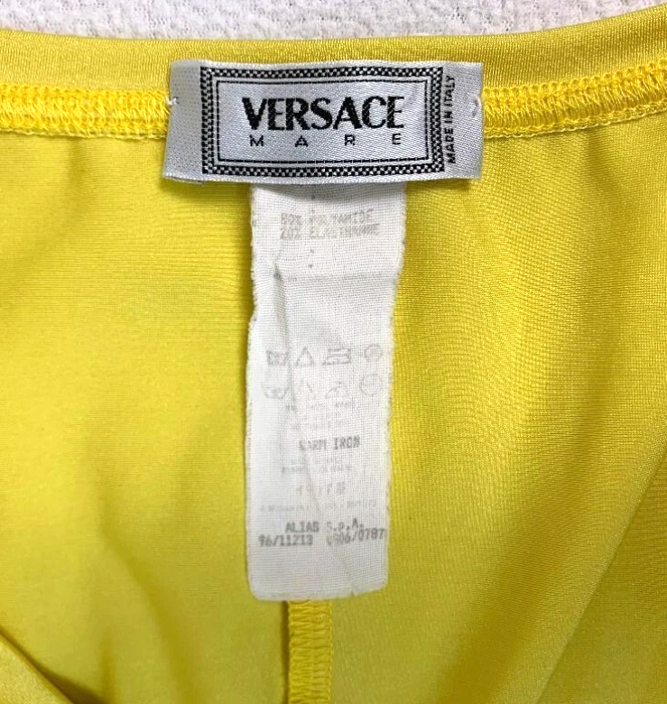 Vintage S/S 1996 Gianni Versace Neon Yellow Medusa Logo Bodycon Mini Dress