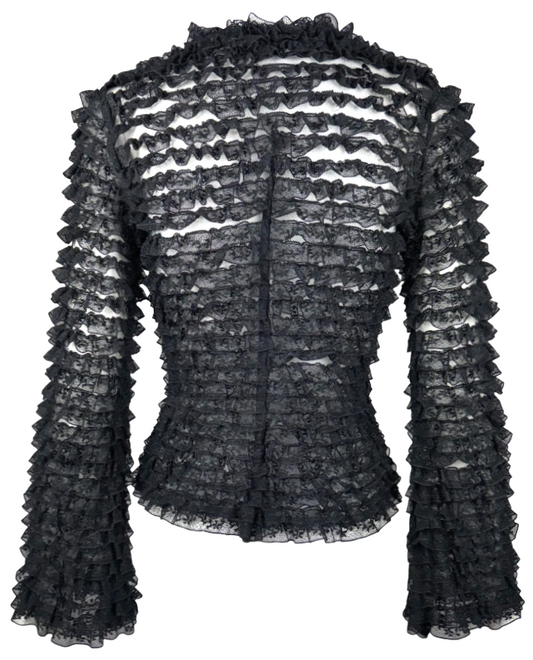 Vintage 1990's Dolce & Gabbana Sheer Black Lace Ruffle Victorian Goth Tie Front Top Jacket