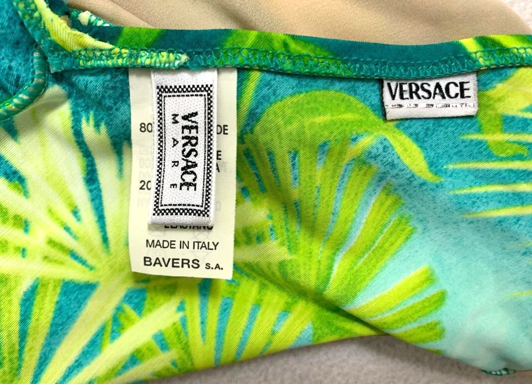 S/S 2000 Gianni Versace Infamous Palm Tree Print Plunging Swimsuit Bodysuit M