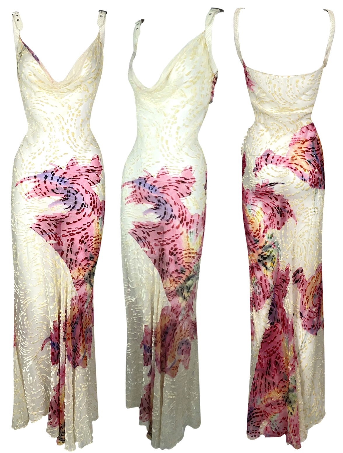 S/S 2001 Christian Dior by John Galliano Sheer Cream Silk Velvet Burnout Snakeskin Buckle Straps Maxi Dress