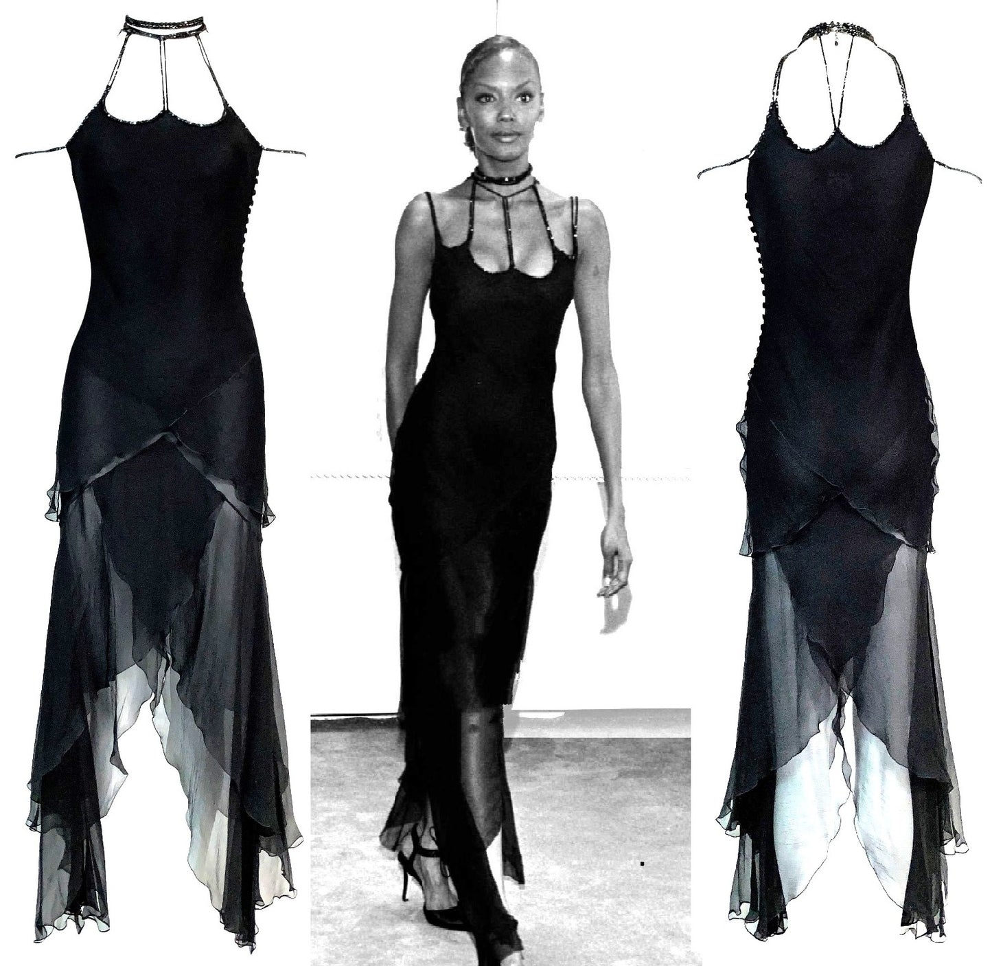 1998 Resort Christian Dior by John Galliano Runway Black Silk Beaded Choker Dress