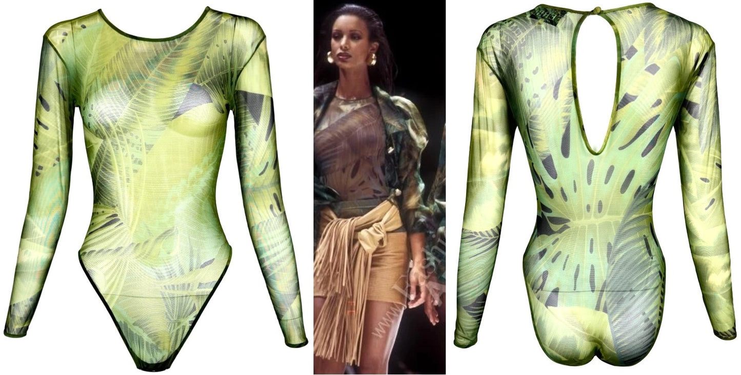 F/W 1993 Gianfranco Ferre Runway Sheer Green Mesh Palm Print Bodysuit Top