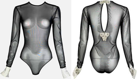 F/W 1995 Christian Dior by Gianfranco Ferre Sheer Tuxedo Crystal Bodysuit Top