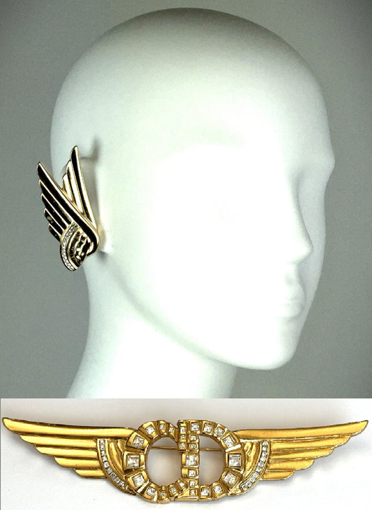 Vintage 1990's Christian Dior by Gianfranco Ferre Large Gold Wonder Woman Crystal Wings Earrings & Large Pin