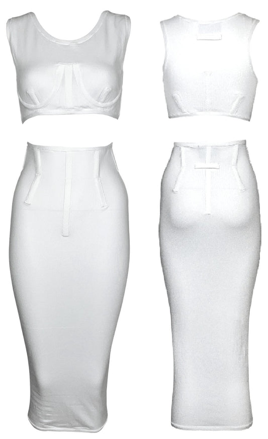 S/S 1993 Jean Paul Gaultier White Crop Top & Bodycon High Waist Maxi Skirt Set