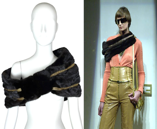 F/W 2000 Fendi Alta Moda Runway Brown Mink Fur & Gold Chainmail Shawl Wrap