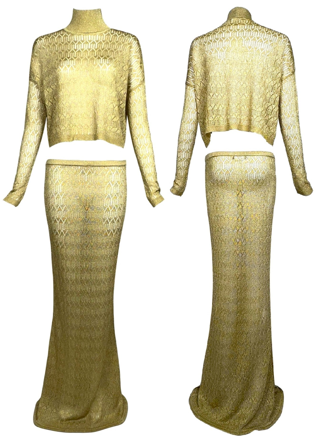 F/W 2000 Christian Dior by John Galliano Gold Knit L/S Crop Top & Mermaid Maxi Skirt Set