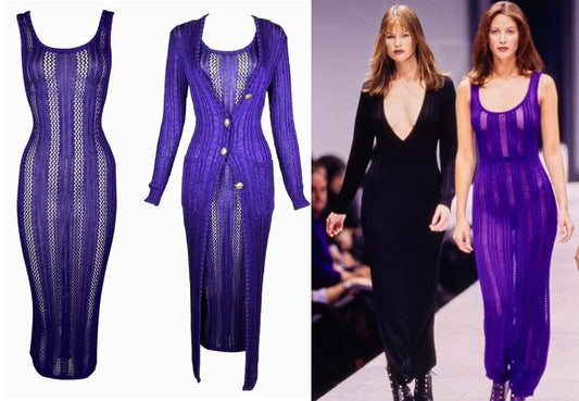 F/W 1993 Gianni Versace Runway Sheer Purple Knit Bodycon Dress & Cardigan