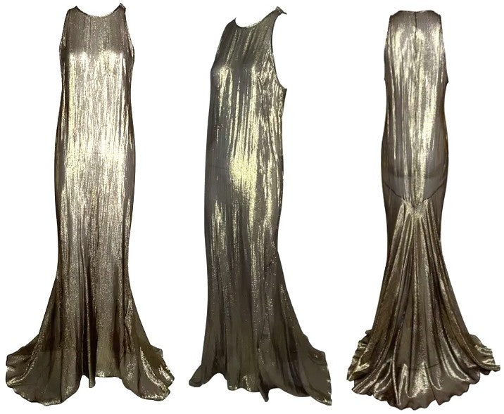 F/W 2011 Roberto Cavalli Runway Sheer Gold 1920's Flapper Style Extra Long Gown Dress w Small Train