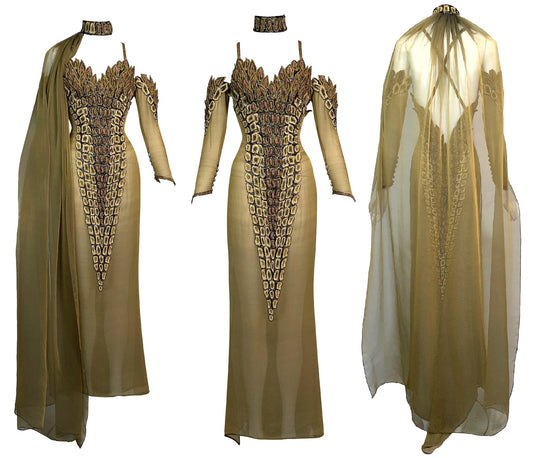 2003 Lloyd Klein Haute Couture Sheer Nude Silk Lesage Beaded Crocodile High Slits Dress w Choker & Cape