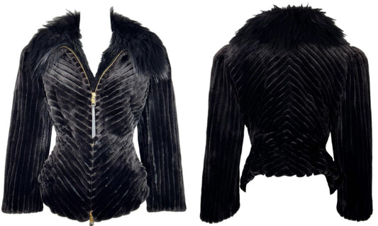 F/W 2001 Gianfranco Ferre Black Mink & Fox Fur Fitted Wasp Waist Short Peplum Jacket
