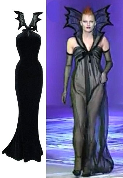 S/S 1997 Thierry Mugler Kiss of the Spiderwoman Black Velvet Mermaid Gown Dress