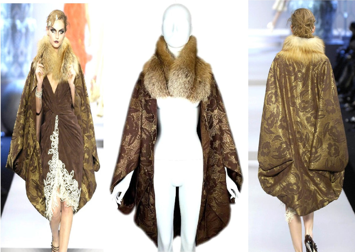 S/S 2008 Christian Dior by John Galliano Runway Gold & Brown Poiret 20's Style Cape Coat w Fox Fur