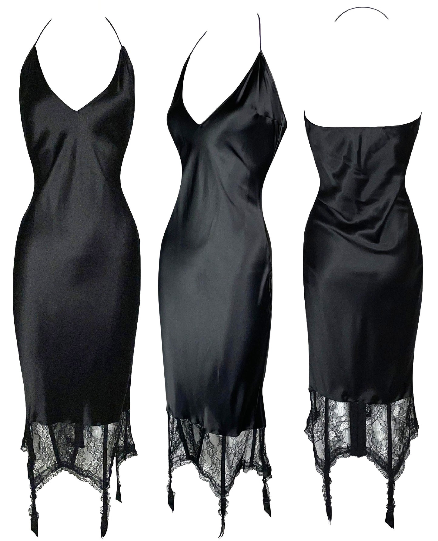 S/S 2004 Christian Dior by John Galliano Black Satin Lace Garter Lingerie Slip Dress