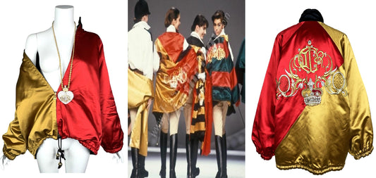 F/W 1990 Christian Dior by Gianfranco Ferre Runway Red & Gold Embellished Crown Baggy Reversible Coat Jacket