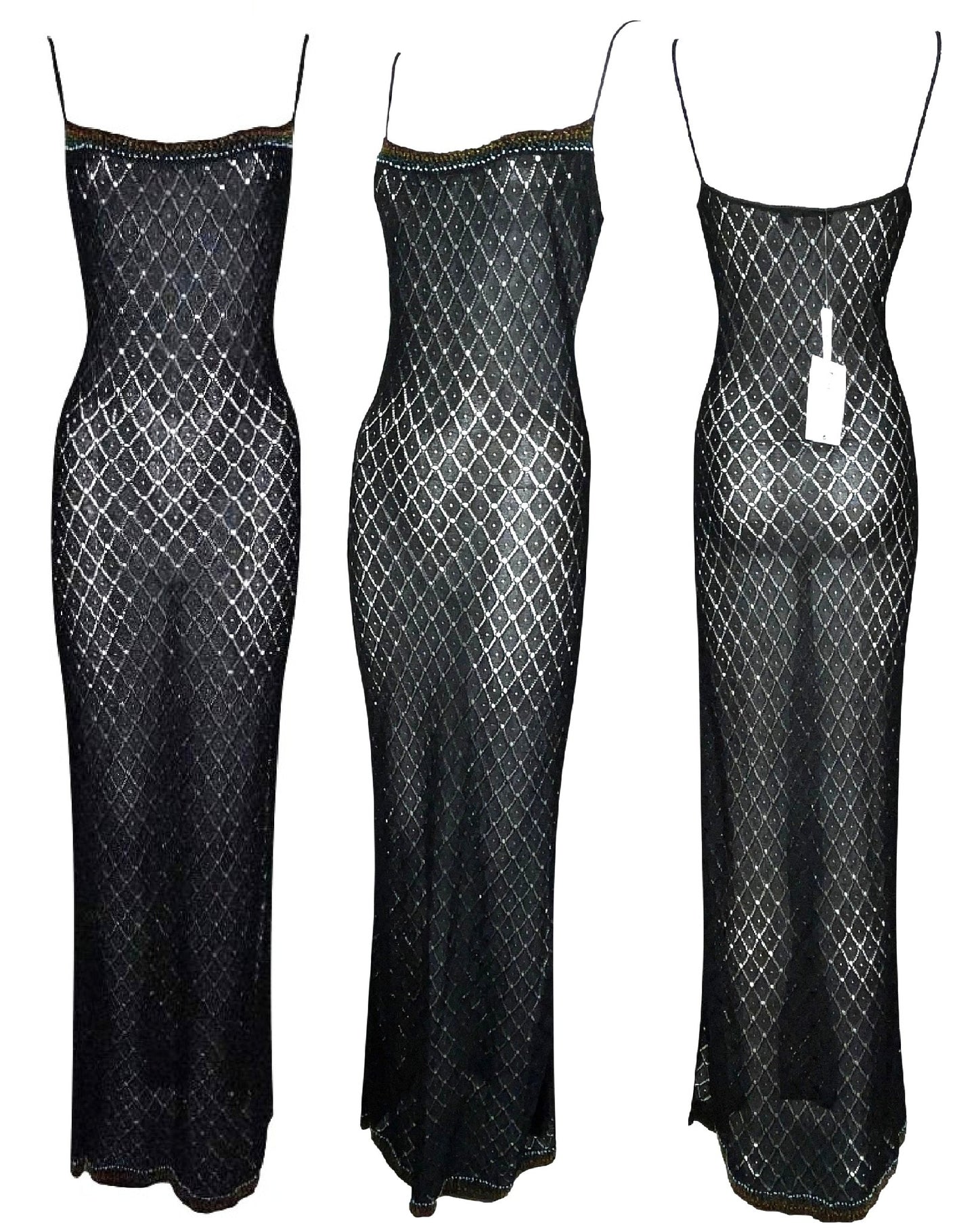 F/W 2001 Christian Dior by John Galliano NWT Sheer Black Knit Rainbow Beaded Maxi Dress
