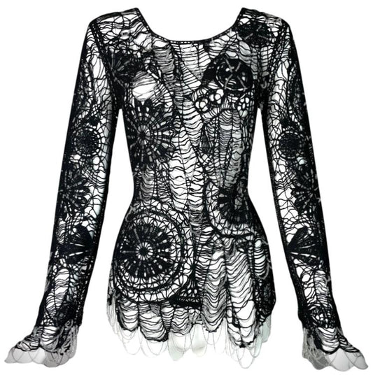 2000's Alexander McQueen Black Sheer Knit Spiderweb Beaded Fringe Sweater Top