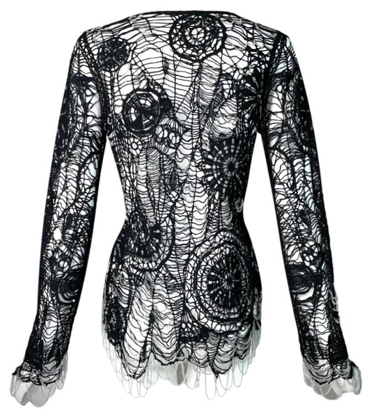 2000's Alexander McQueen Black Sheer Knit Spiderweb Beaded Fringe Sweater Top