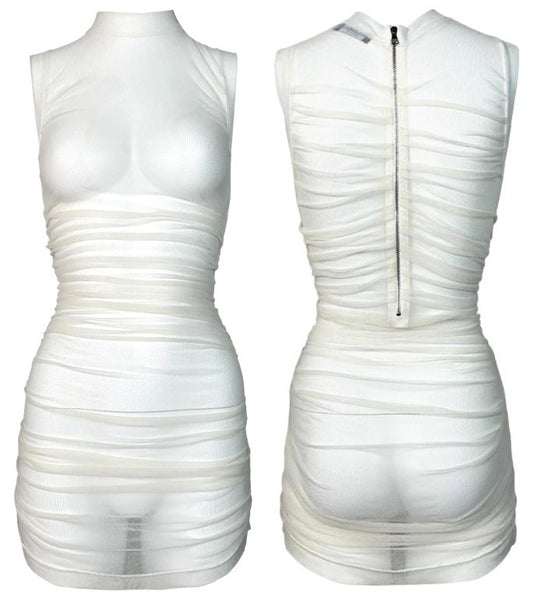 2000's Dolce & Gabbana Sheer Ivory Ruched Mesh Mini Dress