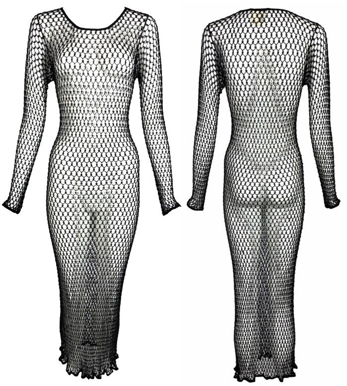 Vintage S/S 1999 Yves Saint Laurent Sheer Black Beaded Fishnet Mesh Maxi Dress