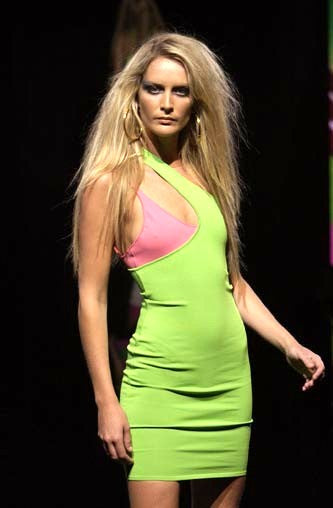 S/S 2003 Gianni Versace Runway Green Knit Bodycon One Arm Open Chest Mini Dress