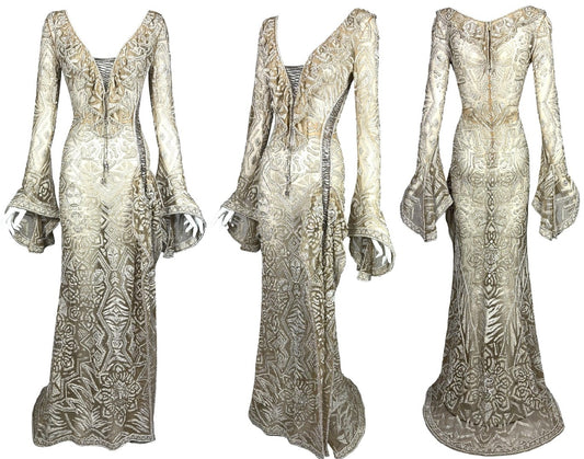 C. 2011 Roberto Cavalli Couture Numbered Plunging Sheer Nude African Tribal Masai Mask Beaded Chain Corset Gown Dress w Bell Sleeves