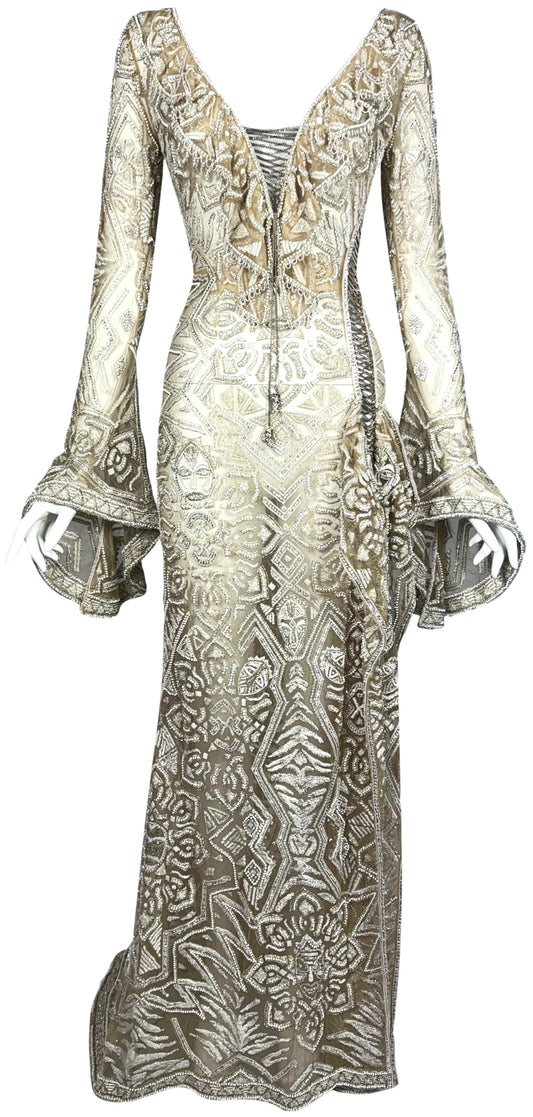 C. 2011 Roberto Cavalli Couture Numbered Plunging Sheer Nude African Tribal Masai Mask Beaded Chain Corset Gown Dress w Bell Sleeves