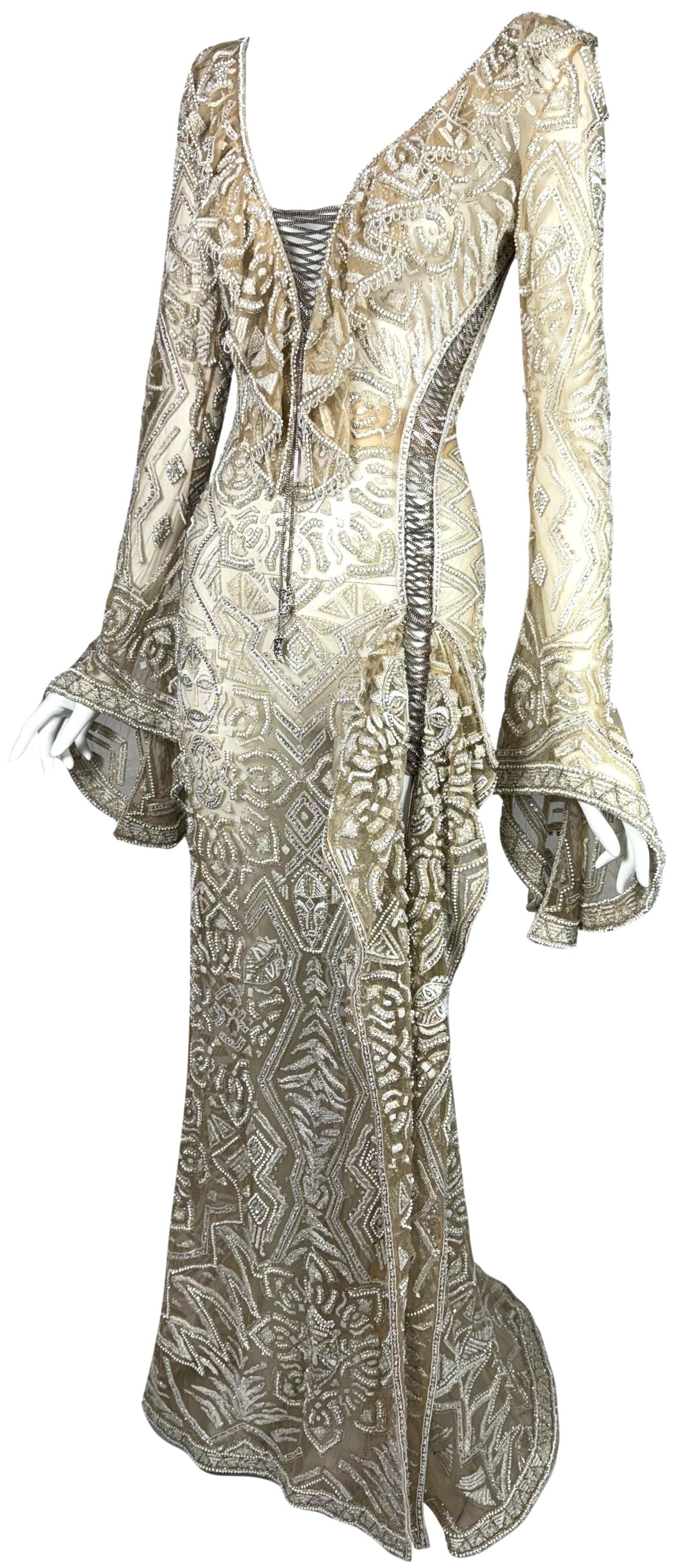 C. 2011 Roberto Cavalli Couture Numbered Plunging Sheer Nude African Tribal Masai Mask Beaded Chain Corset Gown Dress w Bell Sleeves
