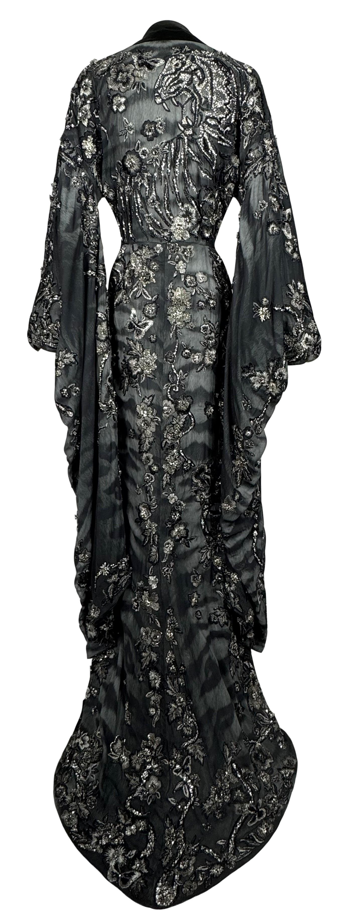 RARE Roberto Cavalli Haute Couture Custom Sheer Black Tiger Silk Japanese Cherry Blossom Fully Embellished Kimono Gown Dress w Small Train