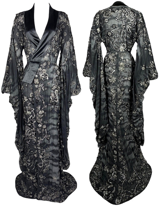 RARE Roberto Cavalli Haute Couture Custom Sheer Black Tiger Silk Japanese Cherry Blossom Fully Embellished Kimono Gown Dress w Small Train