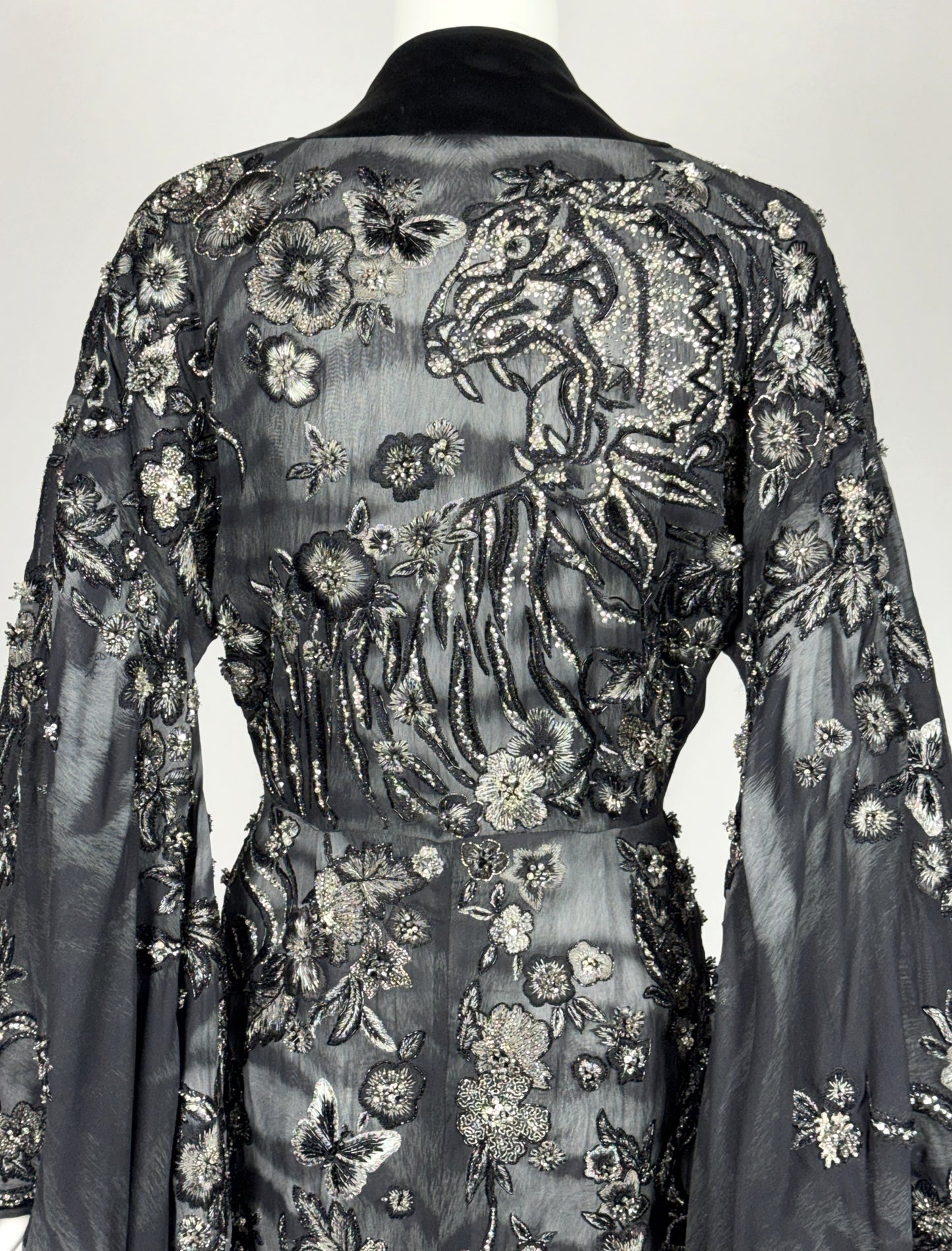 RARE Roberto Cavalli Haute Couture Custom Sheer Black Tiger Silk Japanese Cherry Blossom Fully Embellished Kimono Gown Dress w Small Train