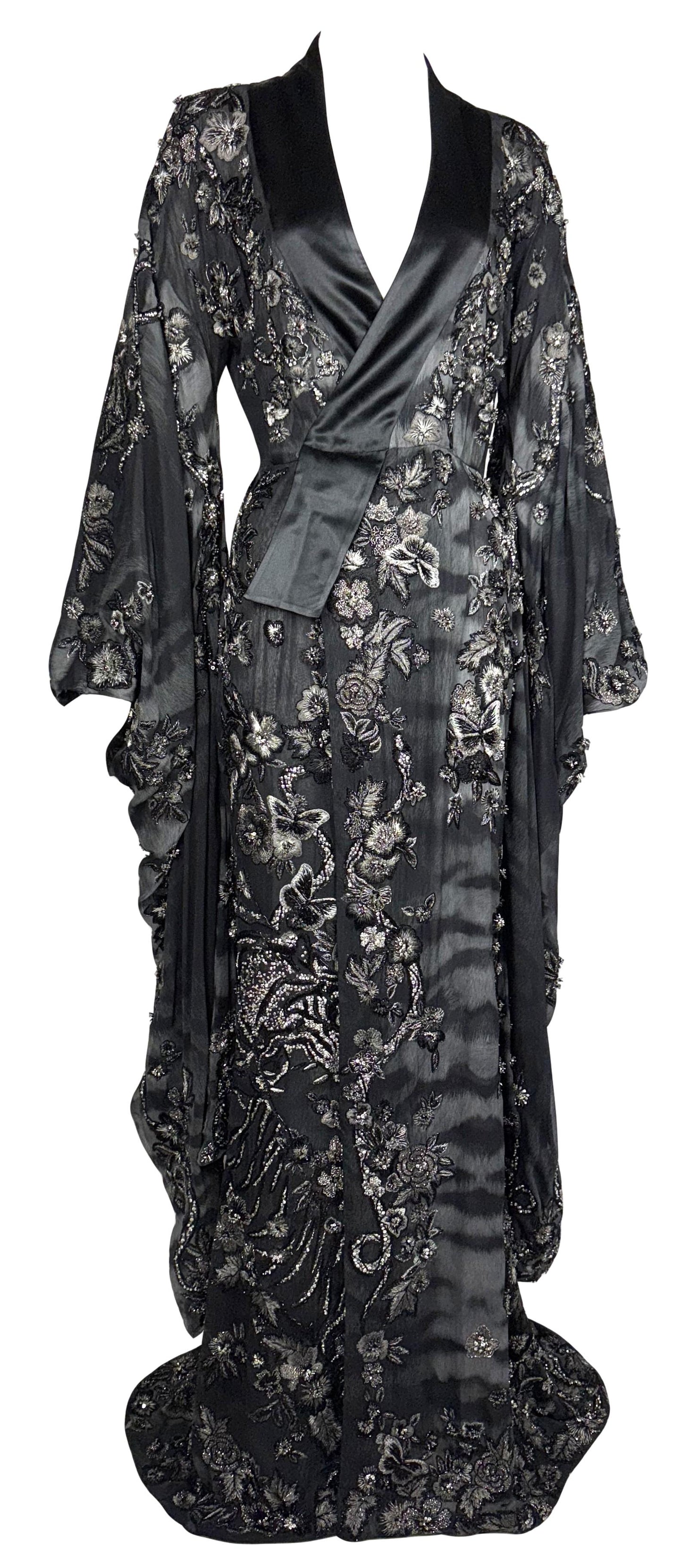 RARE Roberto Cavalli Haute Couture Custom Sheer Black Tiger Silk Japanese Cherry Blossom Fully Embellished Kimono Gown Dress w Small Train