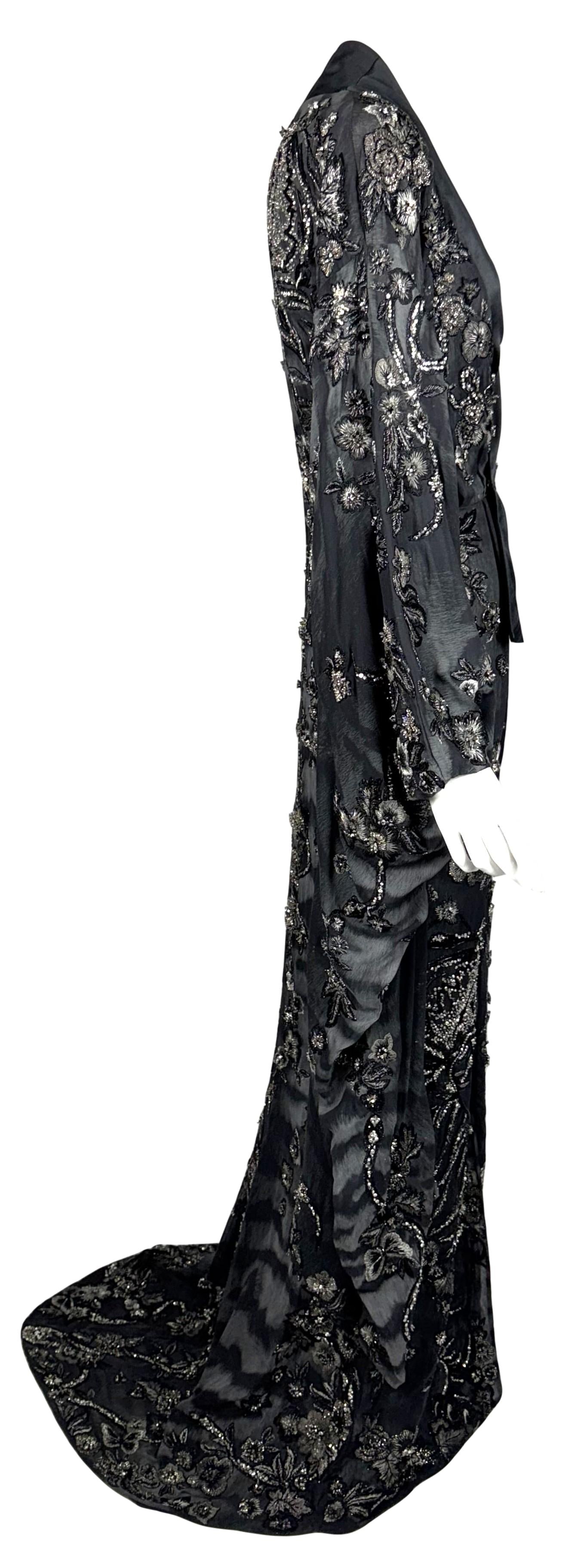 RARE Roberto Cavalli Haute Couture Custom Sheer Black Tiger Silk Japanese Cherry Blossom Fully Embellished Kimono Gown Dress w Small Train