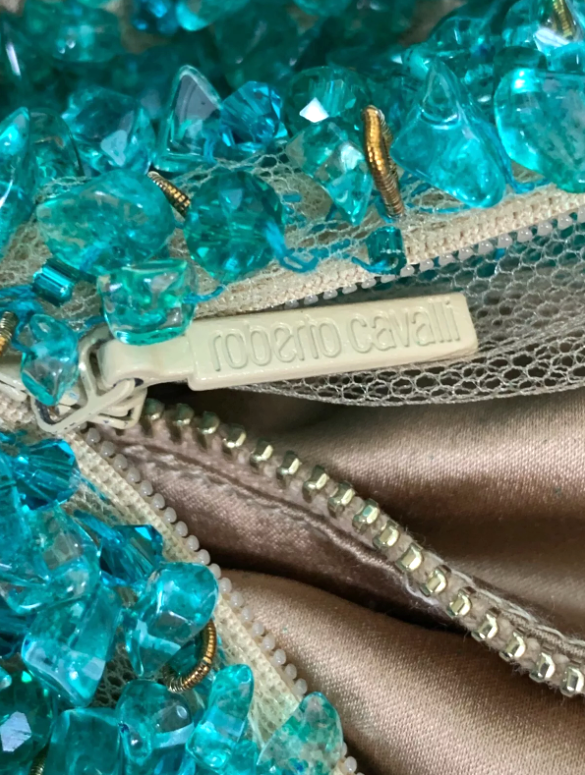 Roberto Cavalli Couture Sheer Nude Mesh Green Beaded Crystal Embellished Gown Dress
