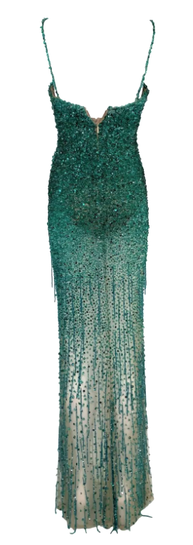 Roberto Cavalli Couture Sheer Nude Mesh Green Beaded Crystal Embellished Gown Dress