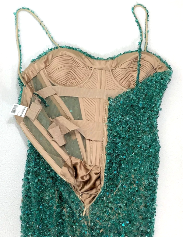 Roberto Cavalli Couture Sheer Nude Mesh Green Beaded Crystal Embellished Gown Dress