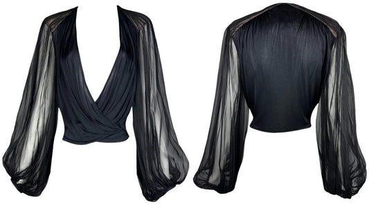 2001 Gianni Versace Plunging 70's Style Black Poet Sleeve Top
