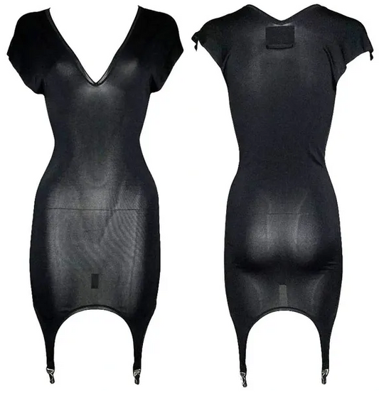 1990's Jean Paul Gaultier Sheer Black Nylon Bodycon Lingerie Garter Suspender Mini Dress