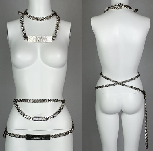 2000's Roberto Cavalli Silver Chunky Chains Logo Necklace & Belt w Lock & Key