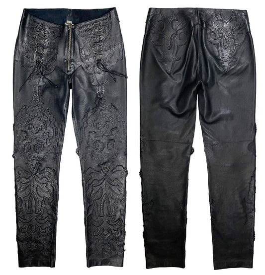 C. 2002 Gianfranco Ferre Black Rocker Western Low Rise Leather Pants