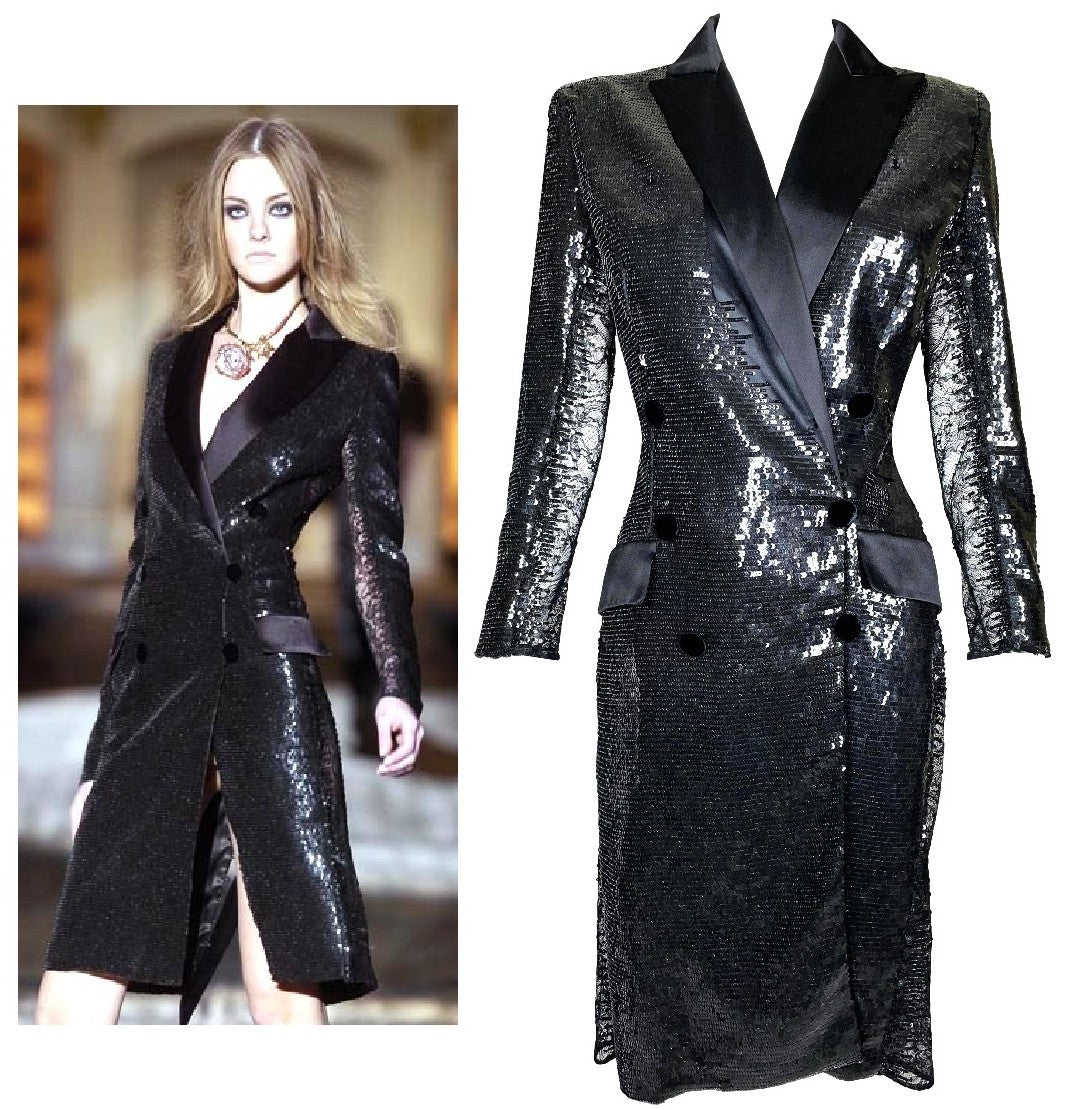 F/W 2005 Roberto Cavalli Runway Black Sequin Sheer Lace Sides Tuxedo Dress