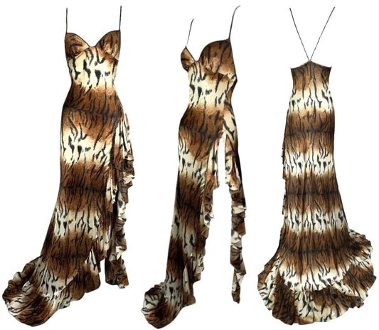 2003 Roberto Cavalli Tiger Silk Super High Slit & Ruffles Gown Dress 44