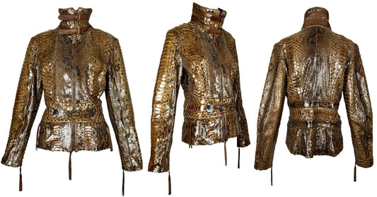 2005 Roberto Cavalli Brown Python Fitted Motorcycle Jacket w Gold Serpent Buckle