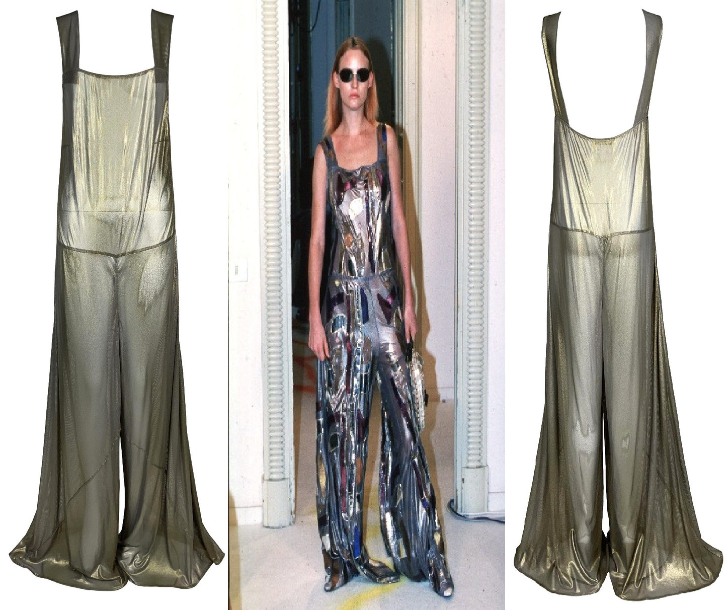 S/S 1999 Fendi by Karl Lagerfeld Runway Sheer Gold Wide Leg Jumpsuit